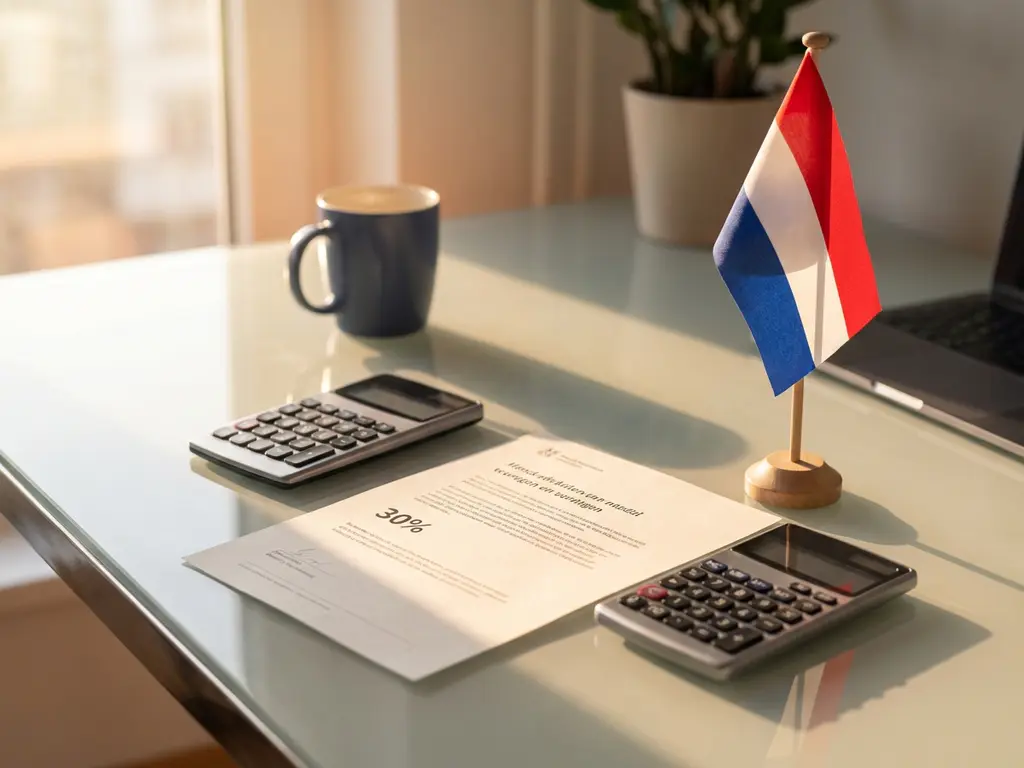 Dutch 30% tax ruling document on a glass desk beside a small Dutch flag and calculator in a professional workspace.