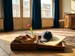 Open vintage leather suitcase on sunlit wooden floor holding Dutch clogs with a tulip and an American baseball cap with a road map.