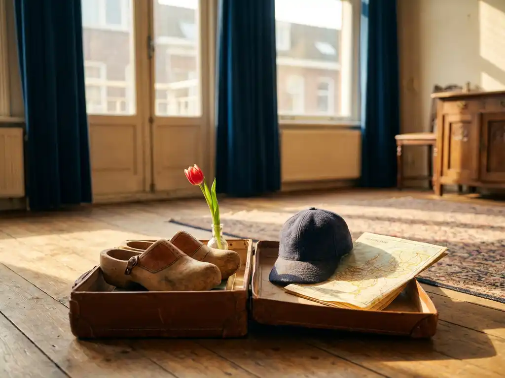 Open vintage leather suitcase on sunlit wooden floor holding Dutch clogs with a tulip and an American baseball cap with a road map.