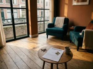 Dutch apartment interior with rental contract, keys, and euro coins on a wooden table beside canal-view steel-framed windows.