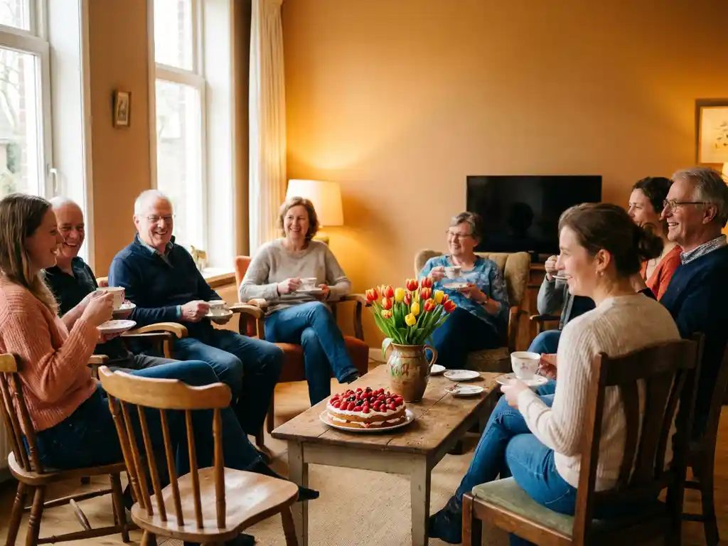 Guests seated in a Dutch verjaardagskring circle around a coffee table with a strawberry-topped taart and tulips in golden afternoon light.