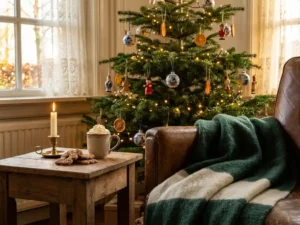 Cozy Dutch living room with glowing Christmas tree, speculaas cookies, and hot chocolate on a wooden table beside a wool-draped armchair.