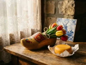 Wooden Dutch clog, Gouda cheese wheel, and red tulips arranged on a weathered oak table beside a Delft blue ceramic tile.
