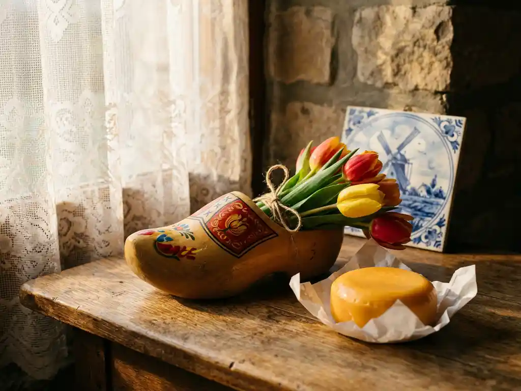 Wooden Dutch clog, Gouda cheese wheel, and red tulips arranged on a weathered oak table beside a Delft blue ceramic tile.
