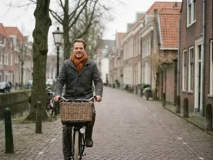 Confident Dutch cyclist on a classic upright bike along a narrow brick canal street in Eindhoven, making direct eye contact.