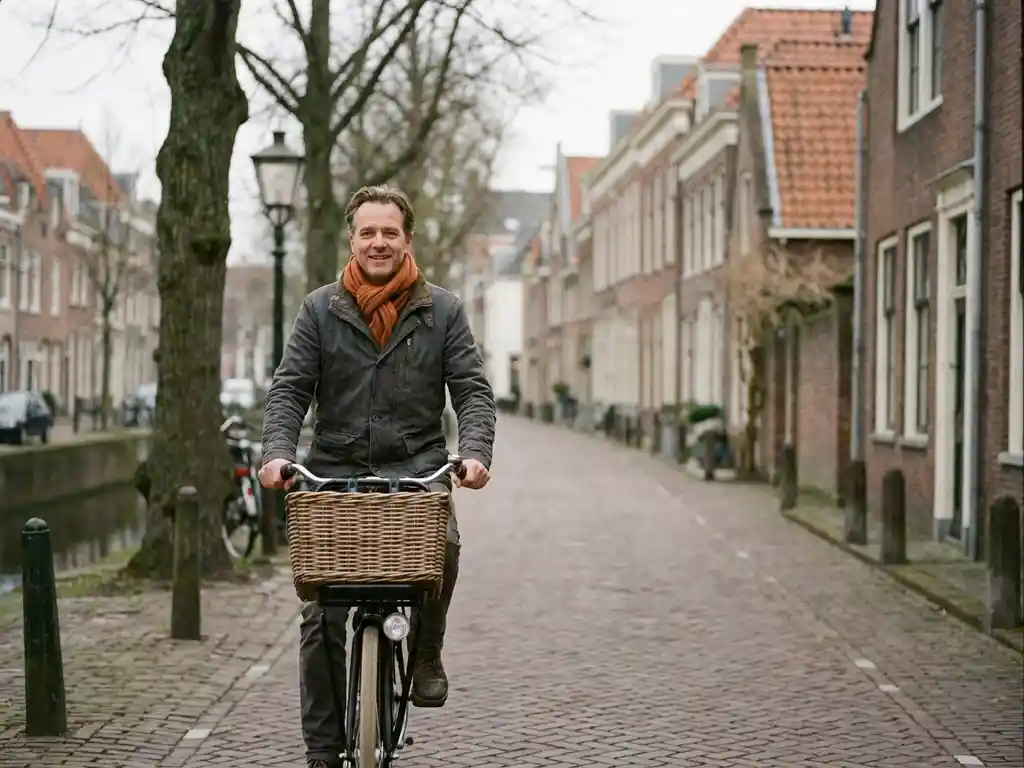 Confident Dutch cyclist on a classic upright bike along a narrow brick canal street in Eindhoven, making direct eye contact.