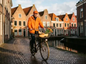 Dutch cyclist in orange rain jacket riding brick canal street, tulips and wooden clog in basket, gabled townhouses behind.