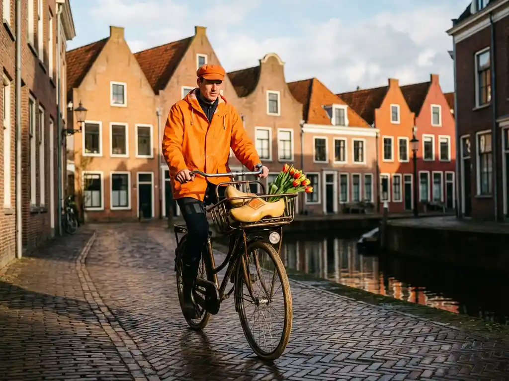 Dutch cyclist in orange rain jacket riding brick canal street, tulips and wooden clog in basket, gabled townhouses behind.