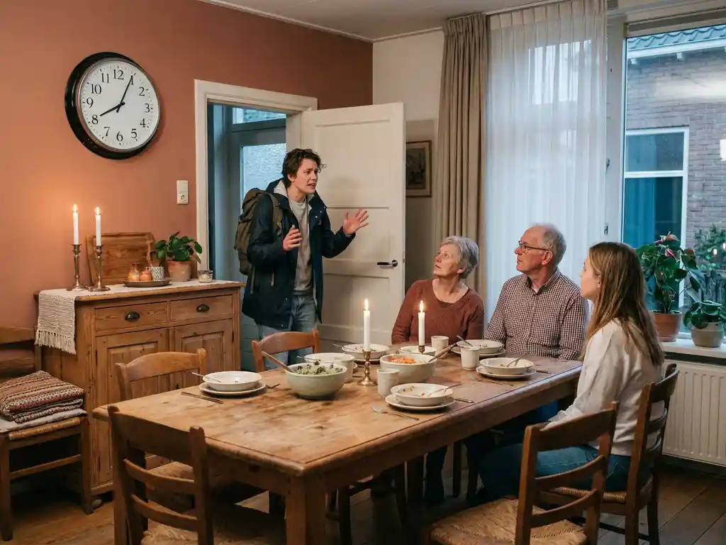 Expat guest arriving late to a Dutch dinner table with cooling stamppot, empty chairs, and a wall clock highlighting the delay.