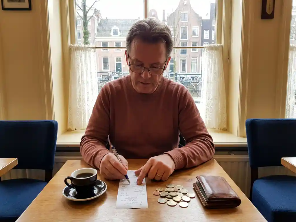 Dutch expat splitting a restaurant bill at an Amsterdam café table with coins, leather wallet, and black coffee beside a canal-view window.