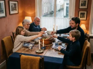 Dutch family sharing stamppot dinner by candlelight, Delft blue ceramics on rustic wooden table, lace curtain framing rainy window.