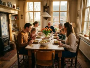 Dutch family sharing a stamppot dinner around a wooden table with orange tulips, bathed in warm golden afternoon light.