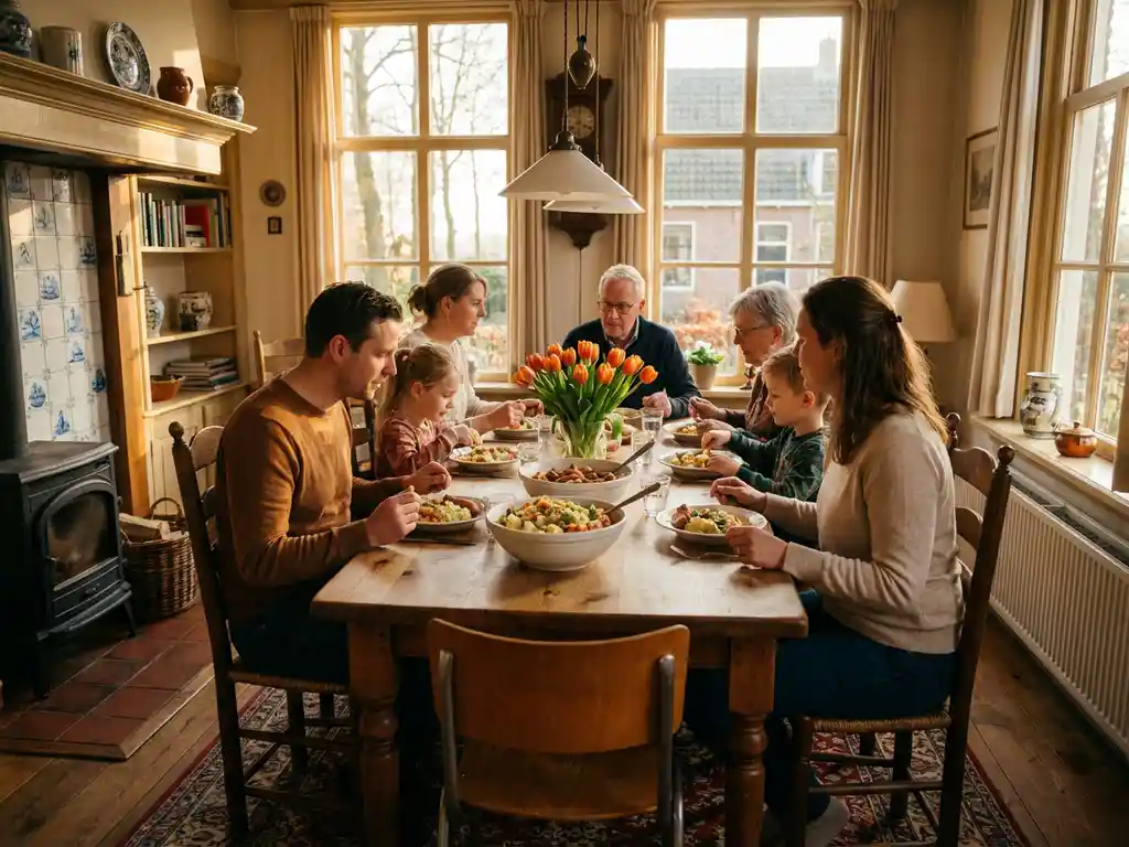 Dutch family sharing a stamppot dinner around a wooden table with orange tulips, bathed in warm golden afternoon light.