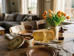 Aged Gouda wheel, orange and yellow tulips, stroopwafels tin, and Dutch gin arranged on a rustic wooden table in warm afternoon light.