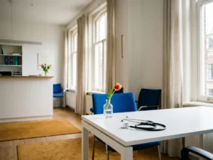 Stethoscope on a white desk beside a tulip in a glass vase inside a bright Dutch GP clinic with cobalt blue and amber tones.