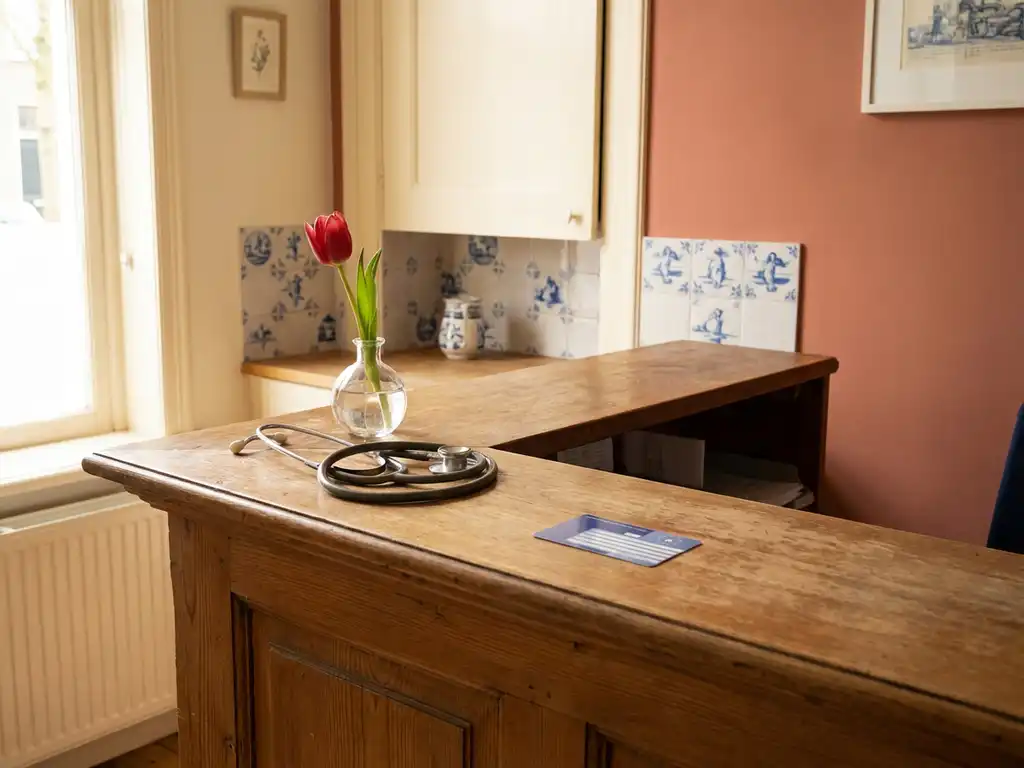 Dutch GP reception desk with a stethoscope, tulip in a vase, and foreign insurance card in warm terracotta and cream tones.