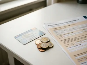 Dutch health insurance card and euro coins on a white desk beside an open Dutch insurance paperwork form in warm natural light.