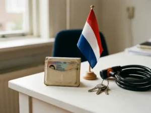Worn Dutch identity document envelope on a white desk with a small Dutch flag, house keys, and bicycle lock in soft morning light.