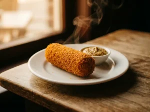Golden Dutch kroket on a white plate with mustard dipping sauce, steam rising, shot in warm café light.