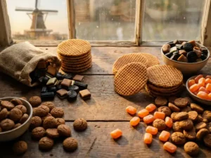 Rustic wooden table covered in Dutch stroopwafels, drop licorice, pepernoten, and orange candy, with a windmill softly visible through a background window.
