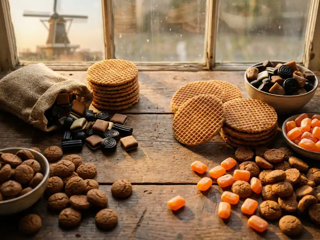 Rustic wooden table covered in Dutch stroopwafels, drop licorice, pepernoten, and orange candy, with a windmill softly visible through a background window.