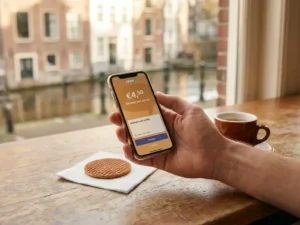 Smartphone displaying a Dutch mobile payment request on a café table beside a stroopwafel and espresso, warm Amsterdam canal light in background.