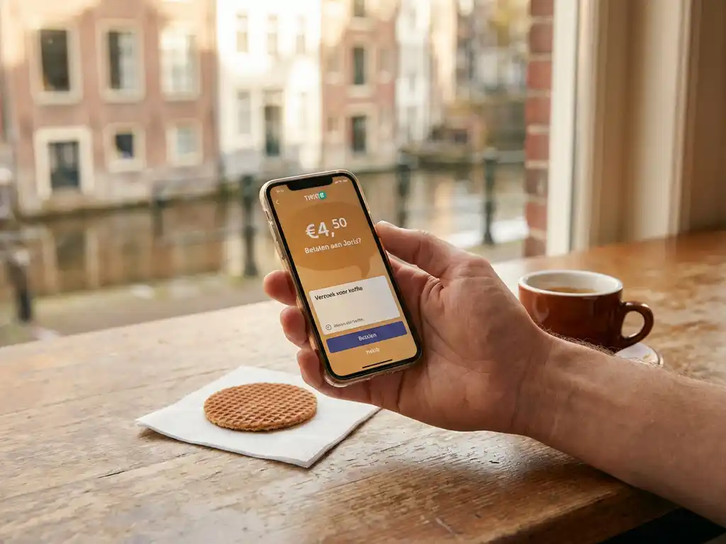 Smartphone displaying a Dutch mobile payment request on a café table beside a stroopwafel and espresso, warm Amsterdam canal light in background.
