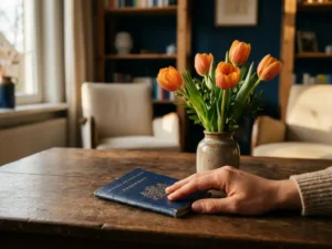Dutch navy-blue passport on a wooden table beside orange tulips, gently held by a hand in soft afternoon light.