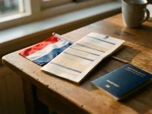 Dutch tax form folded on a wooden desk beside a Netherlands flag and foreign passport in warm afternoon light.