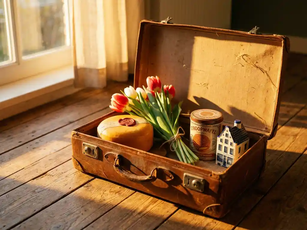 Worn leather suitcase filled with Dutch souvenirs: Gouda cheese, tulips, stroopwafel tin, and Delft blue ceramic house in warm golden light.