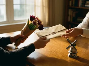 Hands exchanging Dutch tulips and an official document folder on a wooden desk, with a miniature windmill figurine nearby.