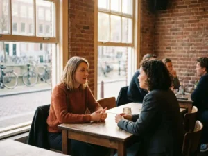 Dutch woman speaking candidly with a colleague at a café table, warm brick interior and canal street visible through large windows in golden afternoon light.