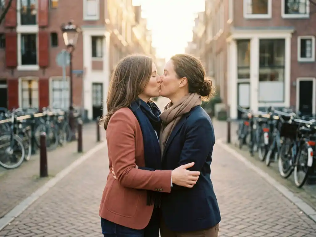 Two women exchanging a cheek kiss greeting on a sunlit cobblestone street in the Netherlands, classic Dutch brick architecture softly blurred behind them.