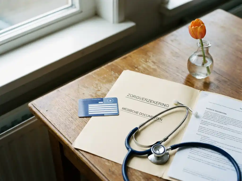 European health insurance card and stethoscope on a wooden desk beside Dutch healthcare paperwork, a tulip in a glass vase nearby.