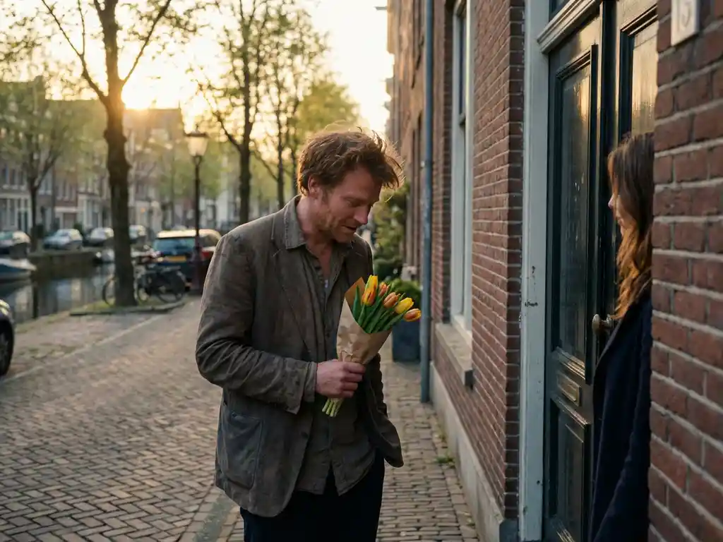 Flustered expat holding yellow tulips, head bowed apologetically at a Dutch brick canal-side doorstep in warm afternoon light.