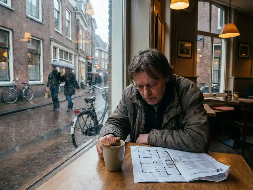 Weary expat alone at a rain-streaked Dutch café window, stroopwafel coffee and crumpled house-hunting printout on the table, grey skies outside.