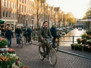Expat cyclist navigating a busy Amsterdam canal street lined with narrow brick townhouses and flower stalls in warm afternoon light.