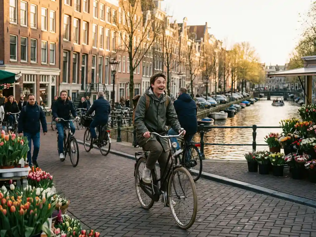 Expat cyclist navigating a busy Amsterdam canal street lined with narrow brick townhouses and flower stalls in warm afternoon light.