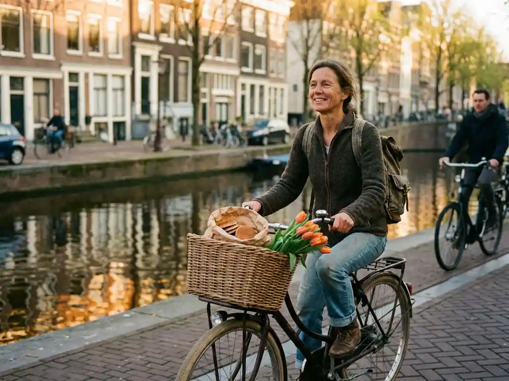 Expat cycling along a Dutch canal street with tulips and stroopwafels in handlebar basket, golden afternoon light reflecting off calm water.