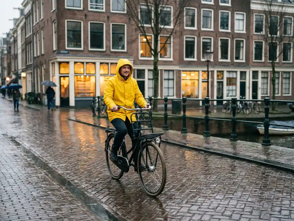 Expat in a yellow raincoat cycling wet cobblestone streets along a Dutch canal, brick row houses and amber window light in the background.