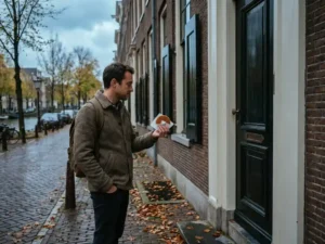 Expat holding a stroopwafel outside a Dutch brick canal house, autumn leaves on wet cobblestones in soft overcast daylight.