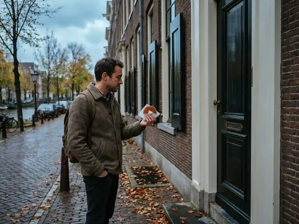Expat holding a stroopwafel outside a Dutch brick canal house, autumn leaves on wet cobblestones in soft overcast daylight.