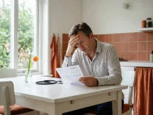 Stressed expat reviewing a healthcare invoice at a Dutch apartment kitchen table with a stethoscope and orange tulip nearby.