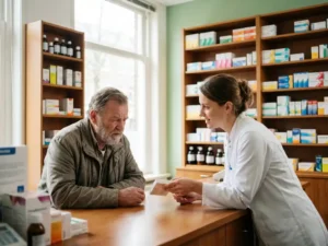 Worried expat receiving medication package from pharmacist at a Dutch pharmacy counter with wooden shelves of medicine boxes behind them.