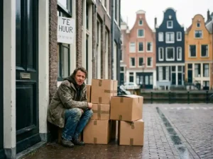 Frustrated expat beside overstuffed moving boxes outside a Amsterdam canal house with a te huur rental sign on a cobblestone street.