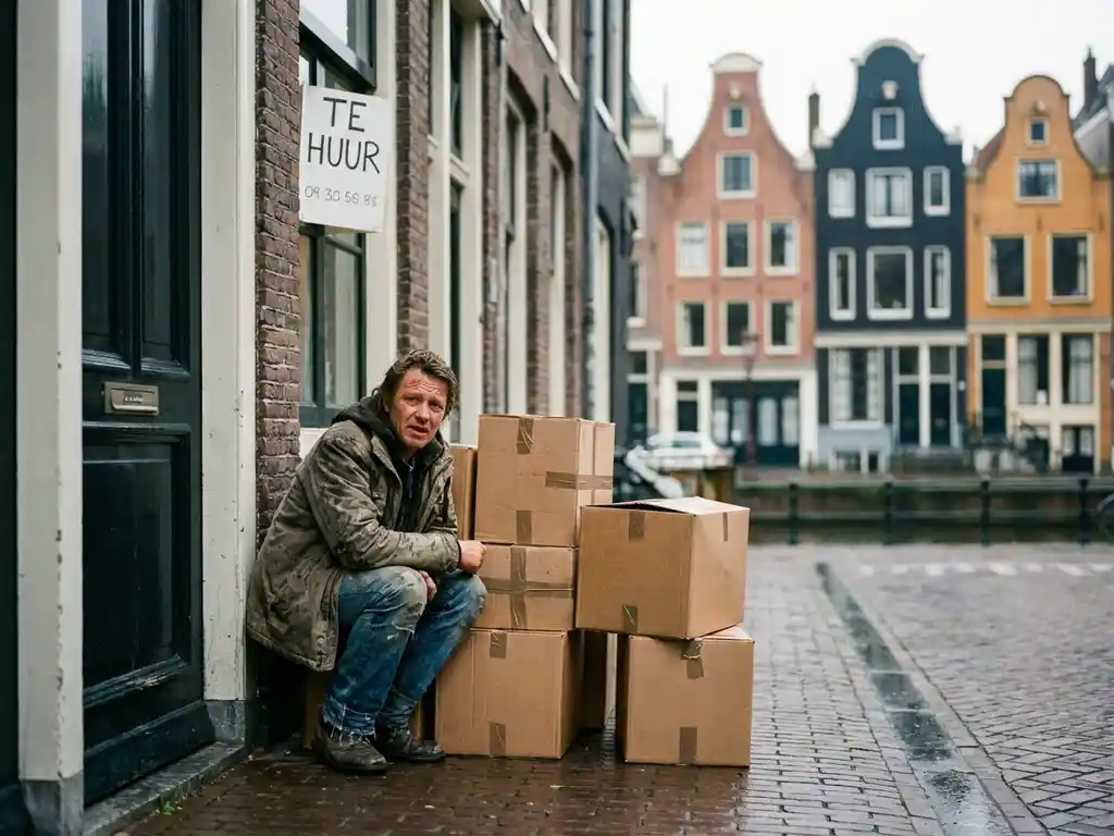 Frustrated expat beside overstuffed moving boxes outside a Amsterdam canal house with a te huur rental sign on a cobblestone street.