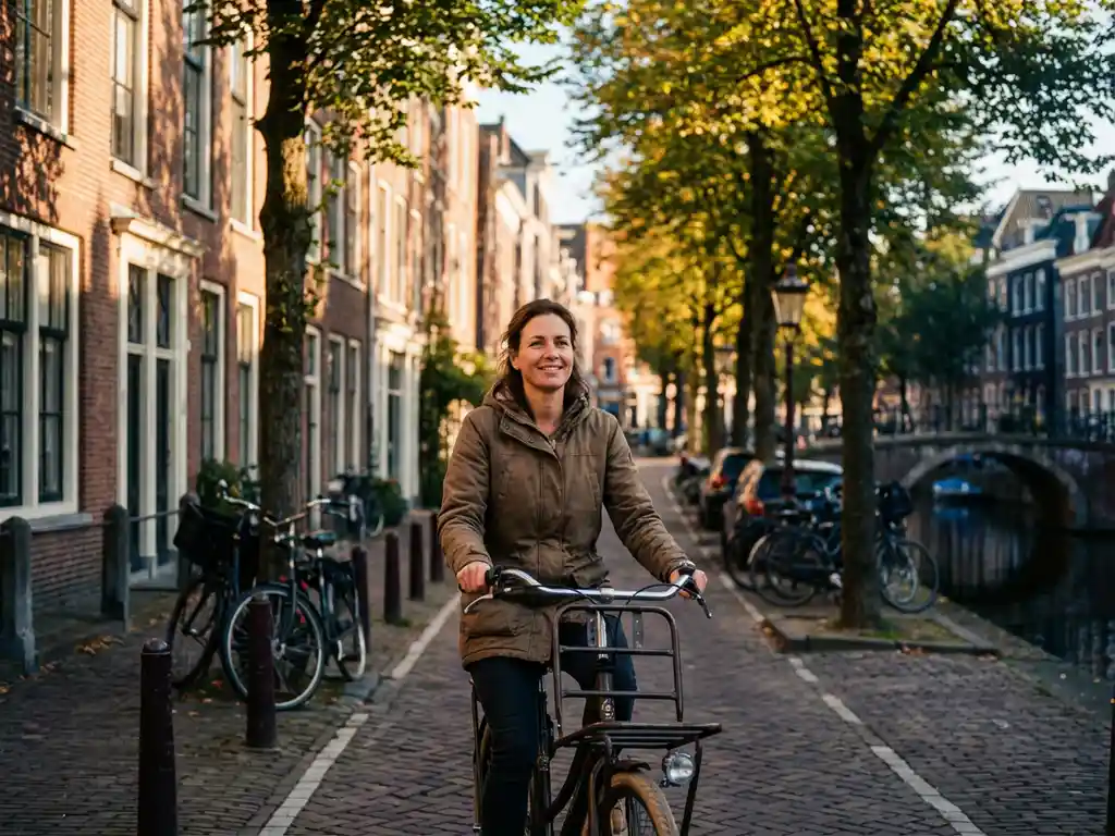 Expat woman cycling along a sunlit Dutch canal street lined with brick townhouses and bicycles in warm afternoon light.