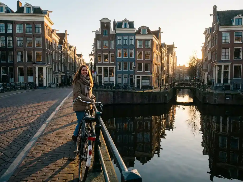 Young expat woman beside a bicycle on a Dutch canal bridge at golden hour, colorful row houses reflected in calm water below.