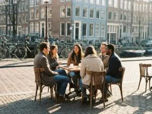 Expats socializing at a sunlit Amsterdam café terrace with canal houses and bicycles in the background.