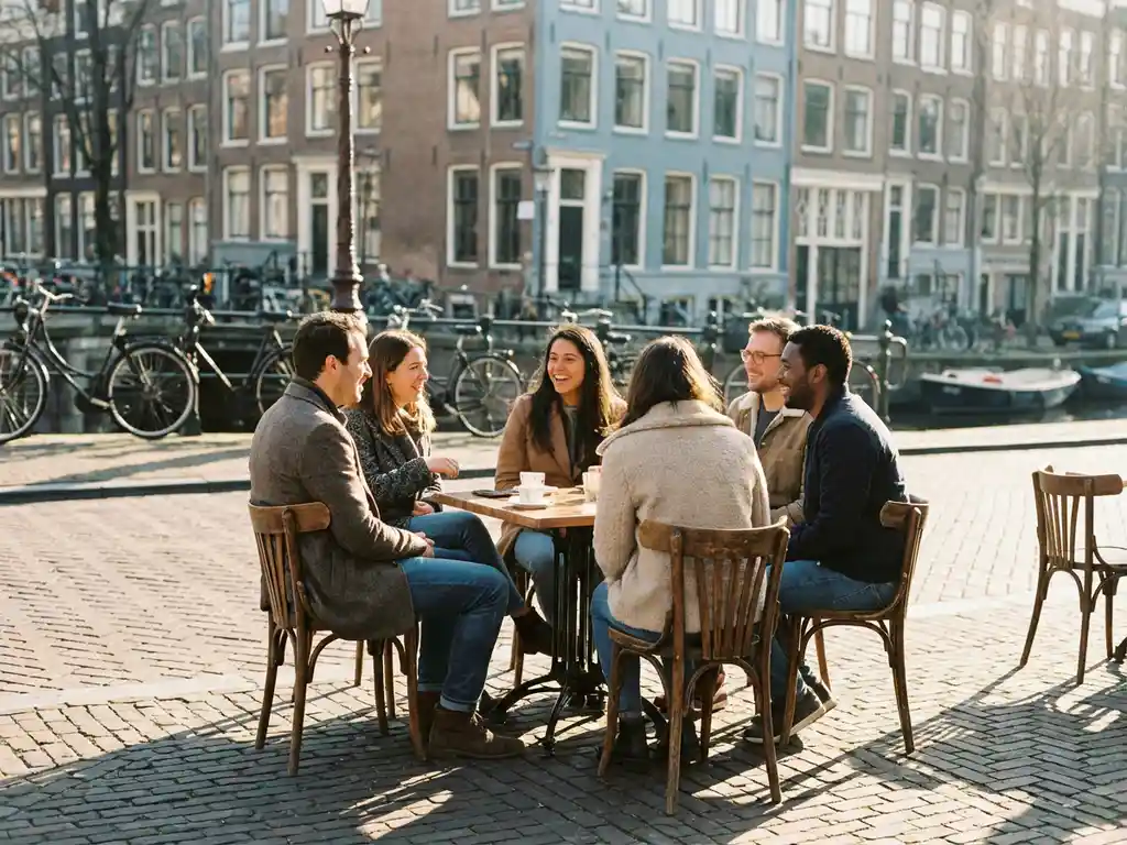 Expats socializing at a sunlit Amsterdam café terrace with canal houses and bicycles in the background.